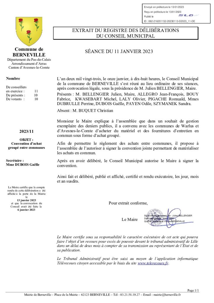 Délibération n°11 du 11 janvier 2023