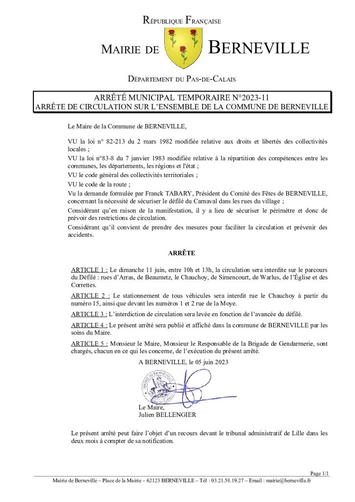 Arrêté municipal du 05 juin 2023