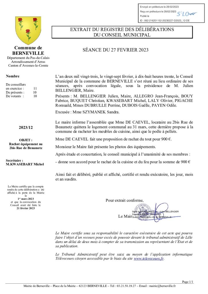 Délibération n°12 du 27 février 2023