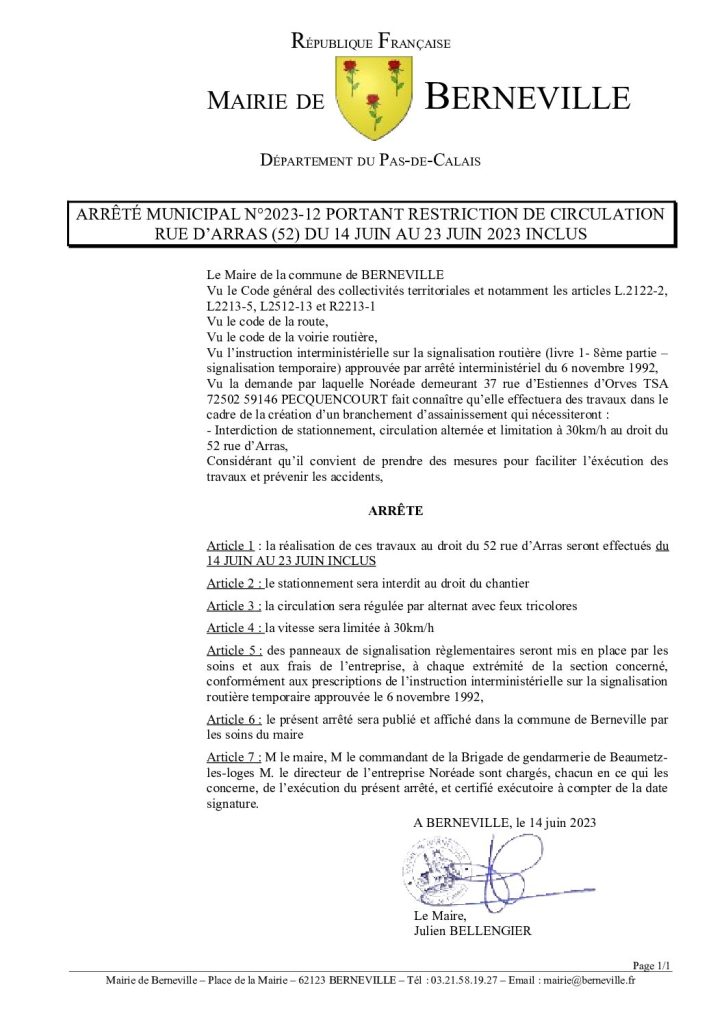 Arrêté municipal du 14 juin 2023