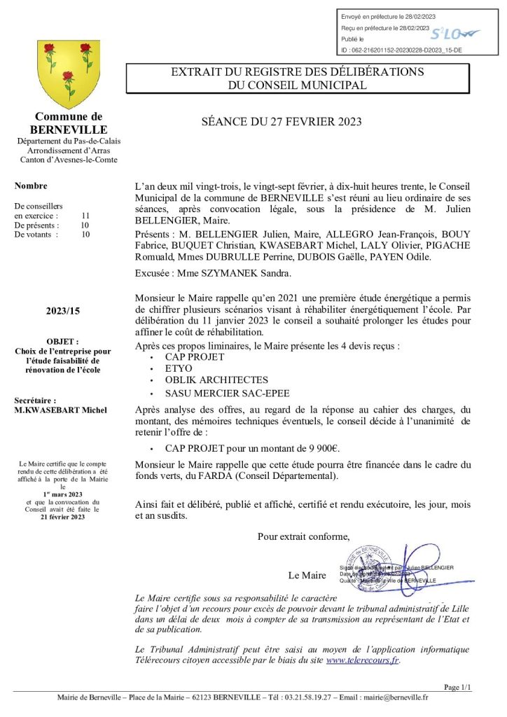 Délibération n°15 du 27 février 2023