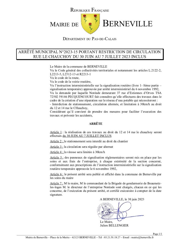 Arrêté municipal du 30 juin 2023