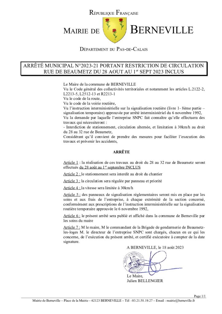 Arrêté municipal du 18 août 2023