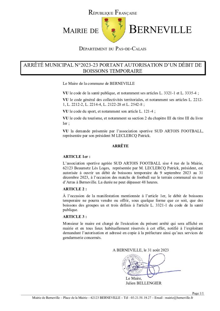 Arrêté municipal du 31 août 2023