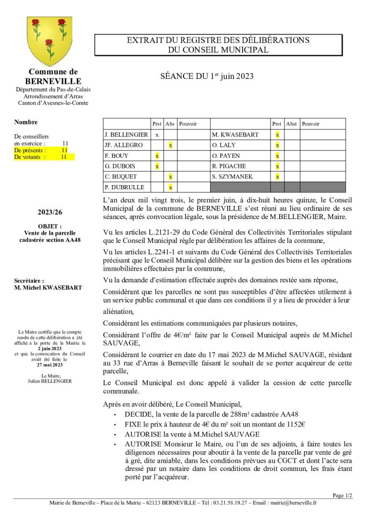 Délibération n°26 du 1 juin 2023