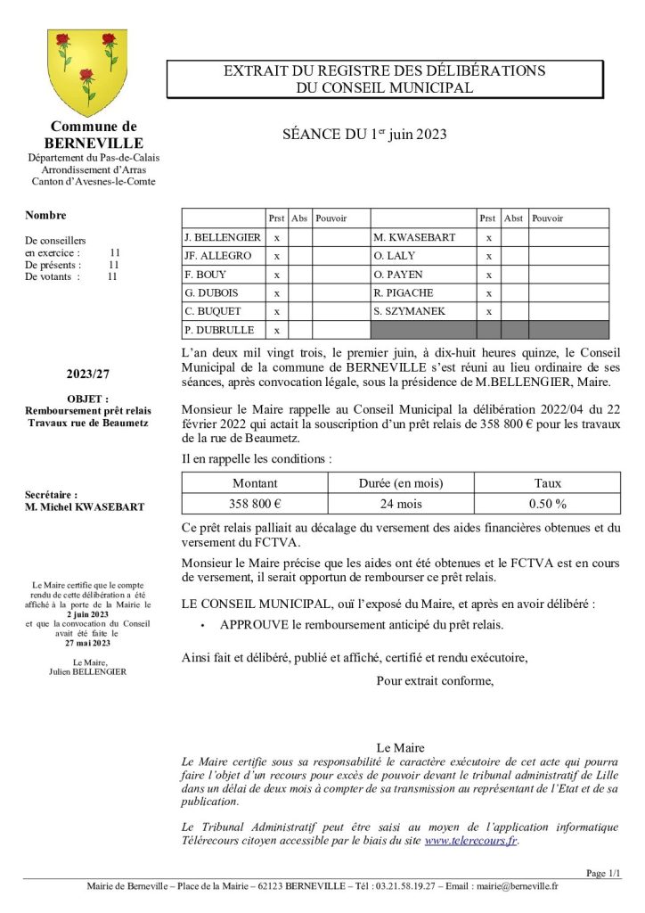 Délibération n°27 du 1 juin 2023