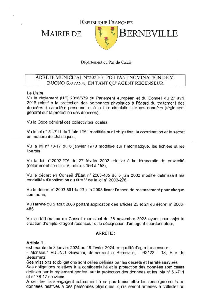 Arrêté municipal du 29 décembre 2023