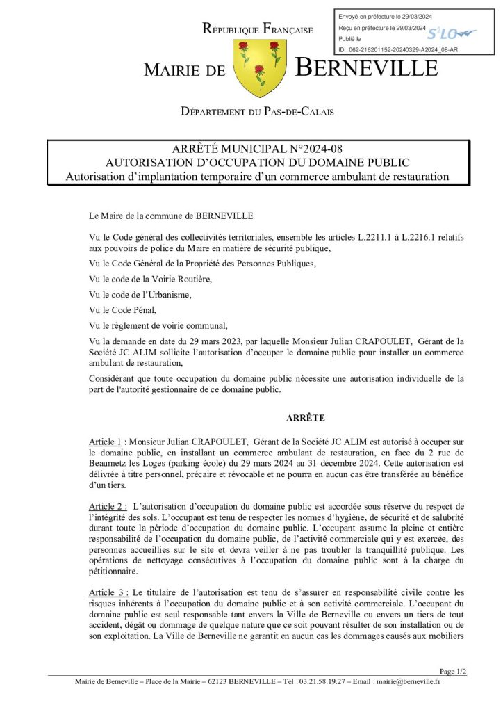 Arrêté municipal du 29 mars 2024