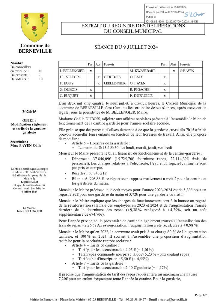 Délibération n°16 du 9 juillet 2024