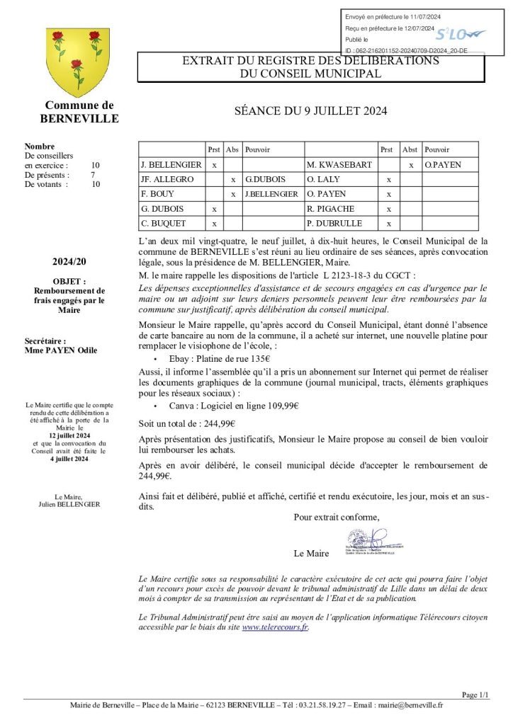 Délibération n°20 du 9 juillet 2024