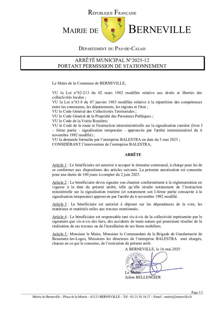 Arrêté municipal n°2025-12 du 16 mai 2025