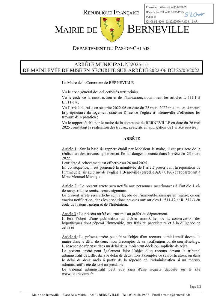 Arrêté municipal n°2025-15 du 26 mai 2025