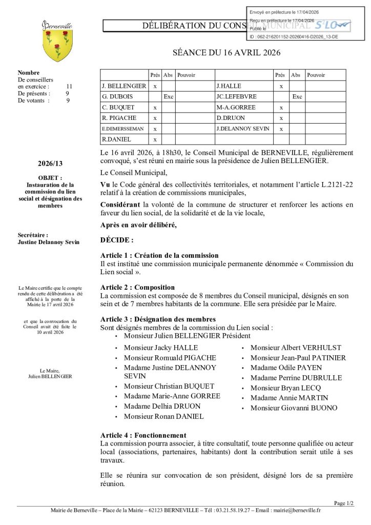 Délibération n°2026-13 du 16 avril 2026