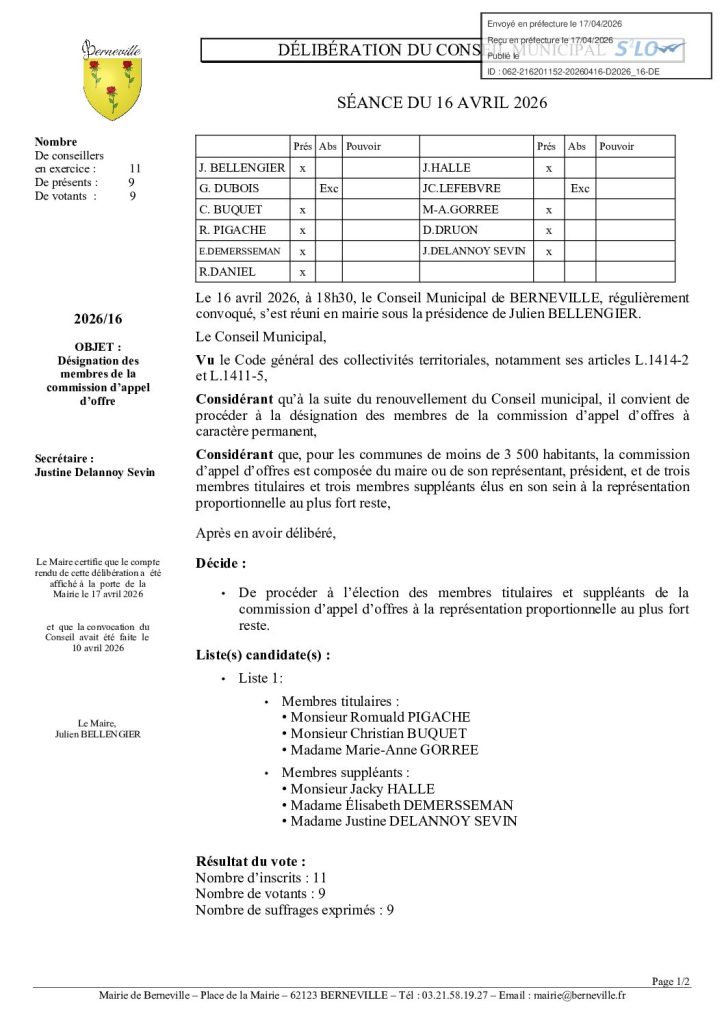 Délibération n°2026-16 du 16 avril 2026